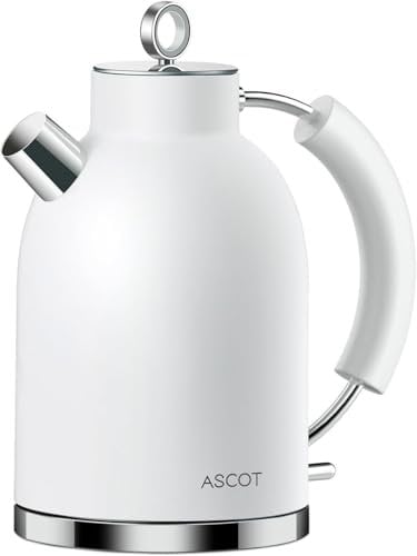ASCOT Electric Kettle, Stainless Steel Electric Tea Kettle Premium Matte Kettle 1.5L 2200W Retro Tea Heater & Hot Water Boiler, Auto Shut-Off Boil-Dry Protection Matte White