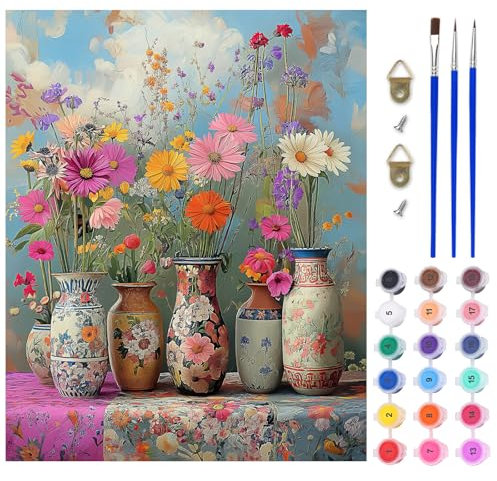 AIRDEA Flores Pintar por Numeros Adultos, DIY Pintura por Numeros Adultos, Jarrón Vintage Paint By Numbers Adult Pintura al óleo de Lienzo con Pinceles Pigmento Acrílico 40x50 cm (Sin Marco)