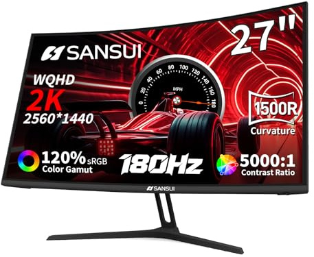 SANSUI 27 WQHD 2560X1440 Curved Gaming Monitor, MPRT 1ms Computer Monitor, HDMI2.0*2, DP1.2*2, Freesync, 1500R Curve, 5000:1 Contrast Ratio, 120% sRGB, HDR (ES-G27C1