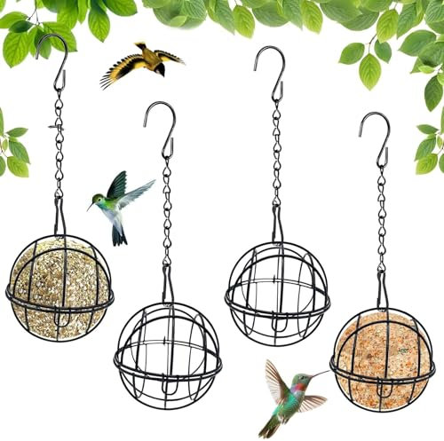 4 Pcs Fat Ball Feeder, Bird Feeders Hanging, Hanging Bird Feeder - 7cm Black Metal Cage with Chains, Wild bird Food Holder for Garden Outdoor Use (Set of 4)