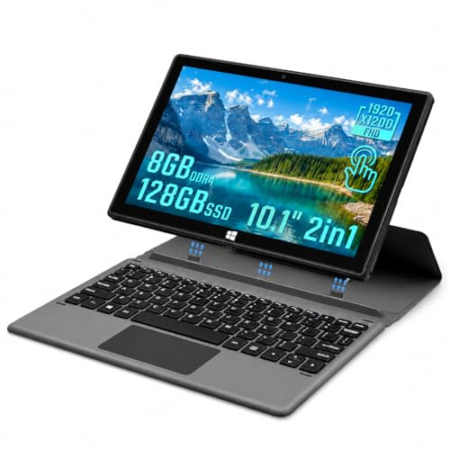 BINTEC 10.1 Inch 2 in 1 Laptop, Win11 Touchscreen Convertible Laptop with Detachable Keyboard, 1920×1200, USB 3.0 & Type-C,BT4.2,WIFI5,1kg,Laptop for Work, Student (Black,8GB DDR4 RAM 128GB SSD)
