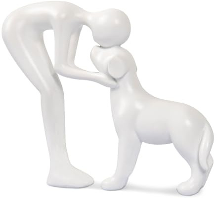 Kityemo Weiß Keramik-Skulptur Mann und Hund – Hundestatue als Gedenkgeschenk für Haustiere,Dekoration für Büro, Wohnzimmer, Schlafzimmer, Zuhause, Tierfigur zur Erinnerung