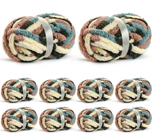 10 Pack Jumbo Chunky Yarn for Hand Knitting, Fluffy Chunky Chenille Yarn for Crocheting, Variegated Chunky Knit Baby Blanket Yarn, 240 yds /70.5 oz Super Bulky Yarn(Apricpot Green)