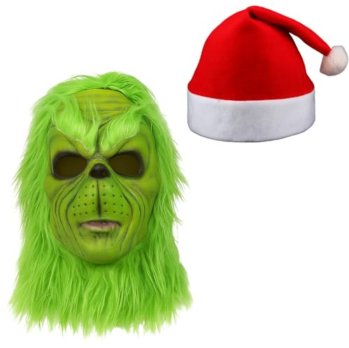 JcvPot Grinch Kostüm Furry Mask 2er Set, Weihnachtliche Grüne Monster Maske Mit Weihnachts Hut, Grinch Kostüm Erwachsene Für Weihnachtsfeiern, Karneval Und Cosplay