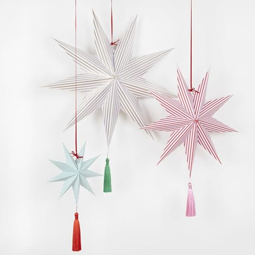Meri Meri Gestreifter Stern hängende Weihnachtsdekorationen (3 Stück), wiederverwendbare Papierdekorationen, drei Größen, drei Farben, hängende Weihnachtsschmuck, Sterngrößen: 24,8 cm, 45,1 cm, 59,7