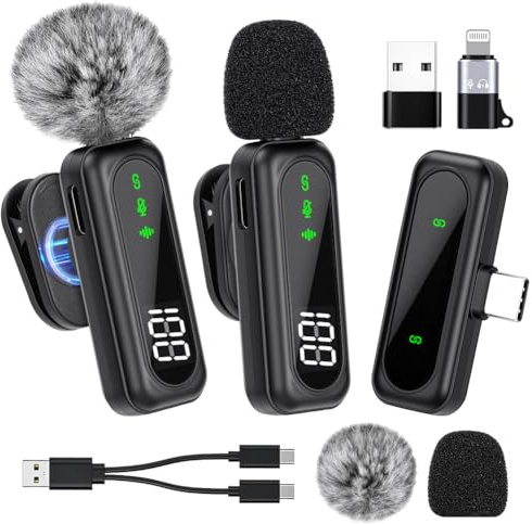 AXFEE Wireless Lavalier Microphone, Magnetic Lavalier-microphones Clip | 2 Mini Lapel Microphones on Mic with Clip& LED Display, With Noise Reduction for i-Phone Android, LiveStream/You-Tube/Tik-Tok