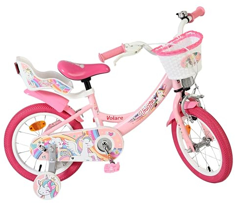 Volare Einhorn Kinderfahrrad Pink | 14 Zoll | 3,5–5 Jahre | Hand- & Rücktrittbremse | Stützräder | Verstellbarer Sattel | Puppensitz & Korb | Geschenk für Mädchen