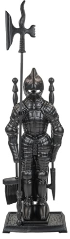 Raik Kaminbesteck Ritter Hubert Kamingarnitur aus Gusseisen schwarz Statuenform mit Kaminschaufel Kaminbesen Schürhaken Hellebarde Kaminständer 72 cm Höhe 4-teilig