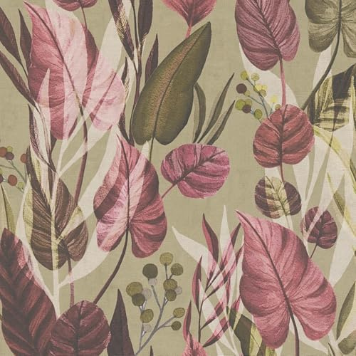 Profhome Florale Tapete 782192-GU heißgeprägte Vliestapete oliv oliv-braun rosa creme-weiß 0,53 m x 10,05 m = 5,33 m2