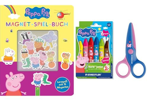 Peppa Pig Buch + Stifte + Schere | Peppa Wutz Set mit Magnet-Spiel-Buch Lernspaß mit 16 Magneten, STAEDTLER Noris junior 6er Wachsmalkreiden Etui und Kinderschere für Kinder ab 4 Jahren