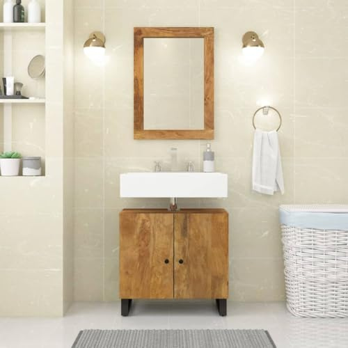 toolkix Meuble de lavabo en bois massif de manguier avec matériau en bois et pieds en fer - 62 x 33 x 58 cm - Ensemble de meubles de salle de bain avec espace de rangement et montage mural - Pour