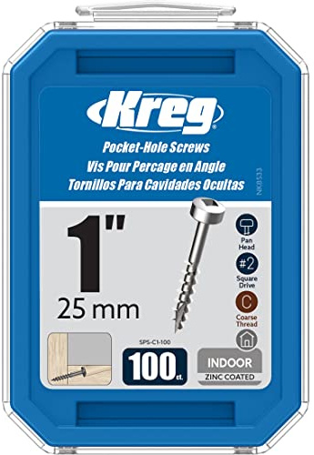 Kreg SPS-C1-100 Tornillos de agujero de bolsillo de zinc, rosca gruesa #7 de 1 pulgada, cabeza plana (100 unidades)
