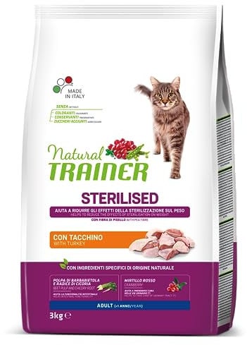 Trainer Natural Cat Sterilised Adult con Carni Bianche e Fibra di Pisello 3 Kg, 3000 Gr