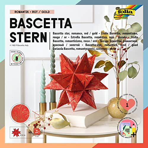 folia 408/1515 - Bastelset Bascetta Stern Winterornament rot/gold, 32 Blatt, 15 x 15 cm, fertige Größe des Papiersterns ca. 20 cm, mit ausführlicher Anleitung - ideal zur zeitlosen Dekoration