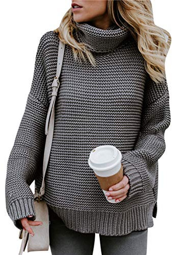 Chunky Knitted Jumpers for Women Ladies Oversized Roll Neck Cable Knit Jumper Womens Pullover Sweaters Baggy Plain Thick Jumpers Long Sleeve Sweater Fluffy Slouchy Loose Knitwear Winter Grey XL