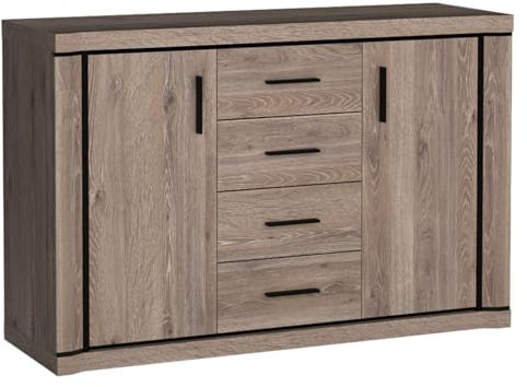 Mirjan24 Kommode Mannar M-05, mit 4 Schubladen und 2 Türen, Highboard, Sideboard, Mehrzweckschrank, Farbauswahl, Anrichte, Naturtöne, Wohnzimmer (Eiche Trüffel)