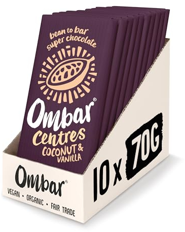 Vegan Chocolate - Ombar Centres Coconut & Vanilla (70g x 10 Bars) Organic, Fair Trade, Dairy Free and Gluten Free Chocolate
