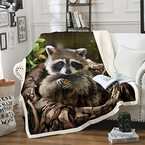 Loussiesd Waschbär Kuscheldecke Niedliches Tier Thema Decke Eule Muster Wohndecke für Jungen Mädchen Kinderzimmer Dekor Wildlife Stil Flanell Fleecedecke Natur 150x200cm