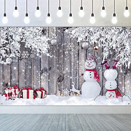 Blulu 6 x 3.6 ft Christmas Backdrop for Photography, Winter Rustic Wood Wall Snow Scene Snowman Backdrop Landscape Background for Family Merry Christmas New Year Props Decoration (72.8 x 43.3 Inch)