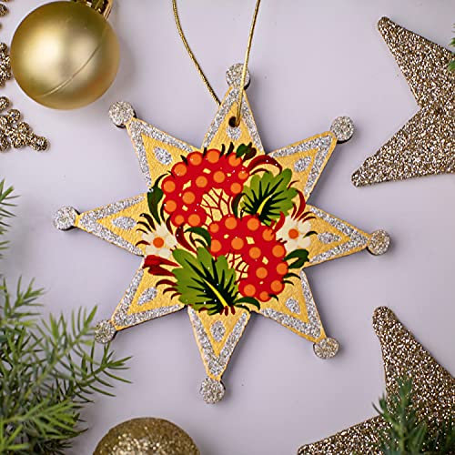 Holz-Christbaumschmuck Stern нandbemalt 9 х 9 х 0,5 cm Hochwertiger Weihnachtsstern- Anhänger mit Ukrainischer Petrykiwka-Malerei
