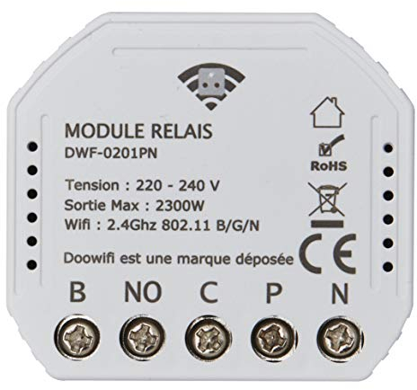 DOOWIFI DWF-0201PN : Module Wifi 230V avec sortie relais contact sec 2 états (normalement ouvert/fermé) encastrable dans une boîte d'encastrement standard. Nouveau format plus petit.