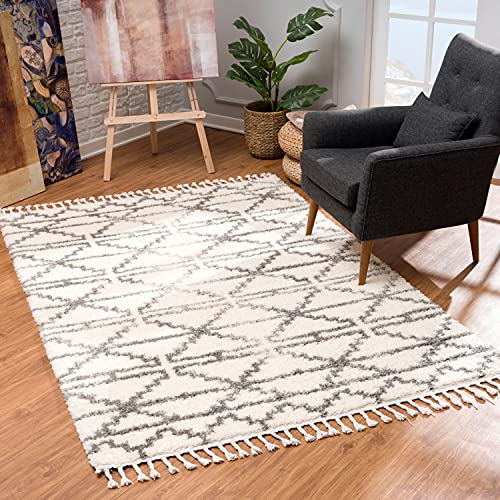 Teppich Wohnzimmer Shaggy - Creme Grau - 160x230cm - Deko Schlafzimmer - Soft Hochflor mit Fransen - Rauten Muster - Oeko Tex 100 Standard - Allergiker geeignet