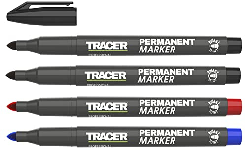 Tracer Fine-Point Permanent Construction Marker Kit (1-2mm Bullet Point General-Purpose Markers with quick-drying ink) – Red, Blue, 2x Black
