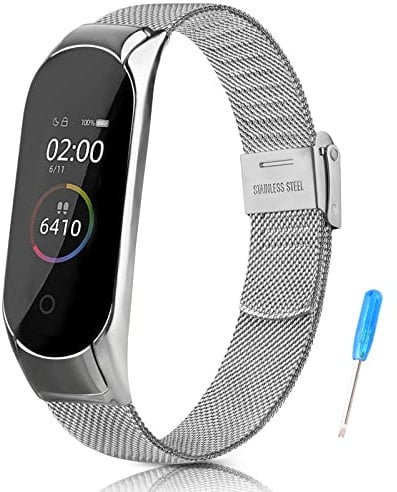 Tobfit Cinturino Compatibile con Xiaomi Mi Band 4 e Mi Band 3, in Acciaio Inossidabile, Metallo (Argento)