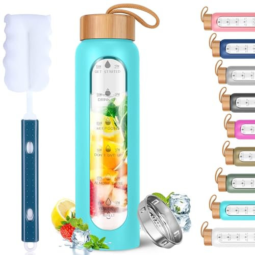 Aqulea Bouteilles d'eau en verre de 946 ml avec manchon en silicone – Sans BPA – Réutilisables – Bouteille d'eau motivante en verre borosilicate avec infuseur à fruits – Bouteille d'eau anti-fuite