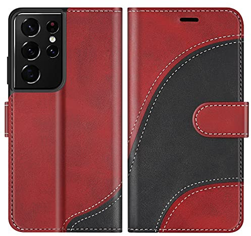BoxTii Cover per Galaxy S21 Ultra, Custodia in PU Pelle Portafoglio per Samsung Galaxy S21 Ultra, Magnetica Cover a Libro con Slot per Schede, Rosso