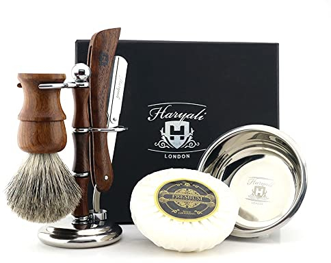 Haryali London Klassisches 5-in-1 Rasierset, Rasiermesser, Rasierpinsel, Rasierständer, Rasierschale für Nassrasur, Vintage-Holz-Rasierset fur Manner