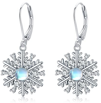 Schneeflocke Ohrringe 925 Sterling Silber Mondstein Schneeflocke Baumeln Tropfen Ohrringe Schneeflocke Schmuck Weihnachts Geschenke für Frauen Mädchen Damen