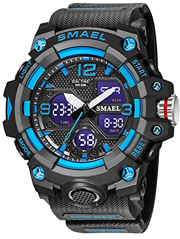 SMAEL Men's Watches Military Sports Outdoor Waterproof Wrist Watch Multi Function Tactics LED Date Alarm Digital Analog Watches,Black Blue