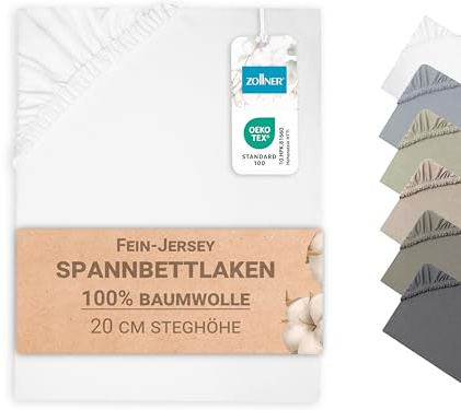 ZOLLNER Spannbettlaken in 100x200cm - Matratzenhöhe bis 20cm - Baumwolle - mit praktischem Gummizug - waschbar bis 95°C - in weiß - Oeko Tex® Zertifiziert