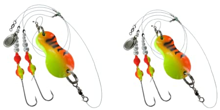 blntackle76 Set 2 Stück Buttlöffel von Jenzi Plattfisch Blinker montiert 60 Gramm & 80 Gramm grün/rot/Tiger Glitzer + gratis Petri Heil! Aufkleber