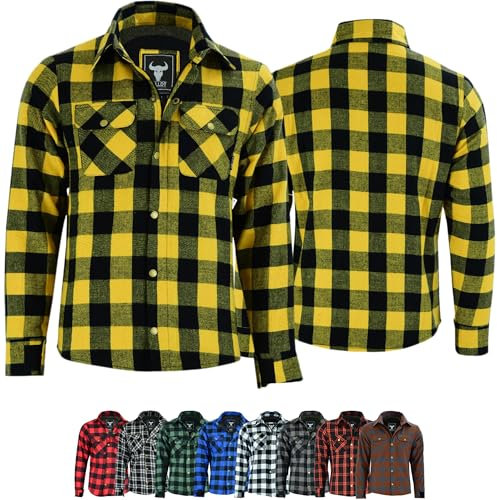 BULLDT Motorradhemd Herren mit abnehmbare CE-Protektoren - Klassisch 100% Baumwolle Holzfäller Flanellhemd - Biker Motorradjacke Hergestellt mit Aramid-Kevlar-Futter - Mit Schutz (EN 1621-1) Gelb - 60