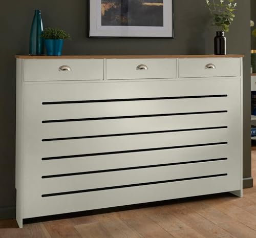 DuraTherm® Radiator Cover Cream Painted MDF Cabinet Horizontal Slat Storage Drawers & Shelf, Radiator Cabinets for Office Hallway Living Room Bedroom, Large (H: 150cm / W: 96cm / D: 19cm)