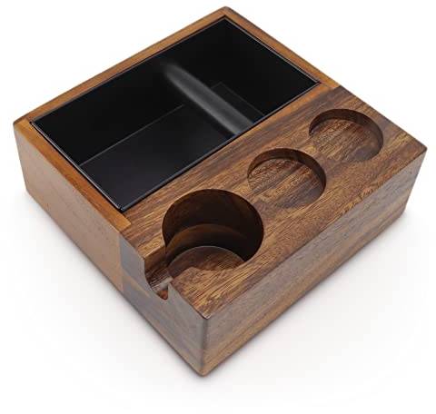 4 In 1 Boîte de Tampon à Café, Noyer Noir Tapis de Tampon à Café Stand Tamper Station compatible avec les accessoires d'espresso 58mm, avec Boîte de Tampon détachable en acier inoxydable 1.5L.