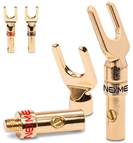 4X NEXMEX High End Kabelschuhe Gabelschuhe 24K vergoldet für Kabel bis 6mm² löt- oder schraubbar Steckverbinder für Lautsprecher Kabel Verstärker HiFi-Boxen Endstufen