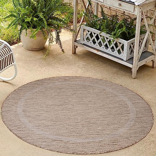 HomebyHome Waschbarer In & Outdoor Teppich Wetterfest 120 cm Rund Braun - Balkon Teppich Wasserfest - Teppich Küche 120 cm Rund Bordüre Design Camping Garten Terasse