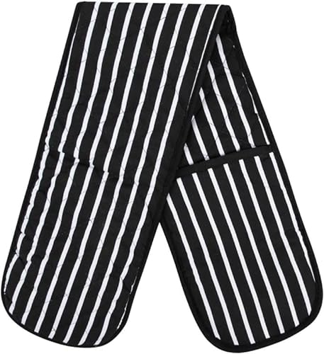 100% Cotton Heat Resistant Stripe Double Oven Glove Mitt for Home Kitchen Restaurant Hot Oven Pots Kitchen Tray Pans-Black