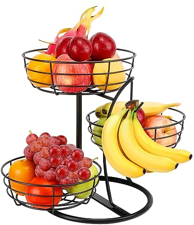Livabber Obstkorb Schüssel mit Bananenaufhänger, Obst-Gemüse-Aufbewahrungskorb mit Bananenbaumhalter für Küchentheke, abnehmbarer Organizer für Brot, Snacks, Produkte (schwarz, 3-stöckiger