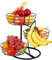 Livabber Fruit Basket Bowl with Banana Hanger, Fruit Vegetable Storage Basket with Banana Tree Holder for Kitchen Counter, Detachable Organizer for Bread Snack Produce (Black, 3-Tier Metal Base)