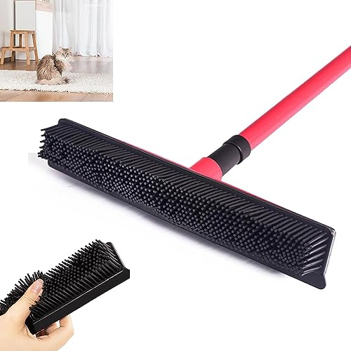 Indigo Hair Remover Rubber Broom, Rubber Broom Pet Hair Remover Pet Hair Removal Broom Carpet Rake for Pet Hair Removal for Mats Couch (Red)