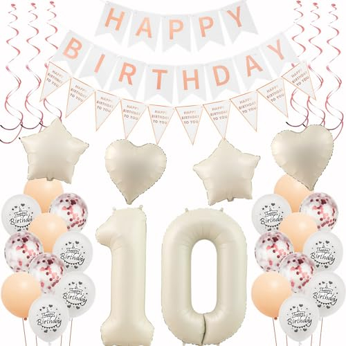 Deko 10. Geburtstag Mädchen Beige Roségold Luftballons 10 Geburtstag Dekoration Mädchen，10 Geburtstag Deko，Geburtstagsdeko 10 jahre Mädchen,Happy 10th Birthday Girlande 10 Geburtstag Party Deko