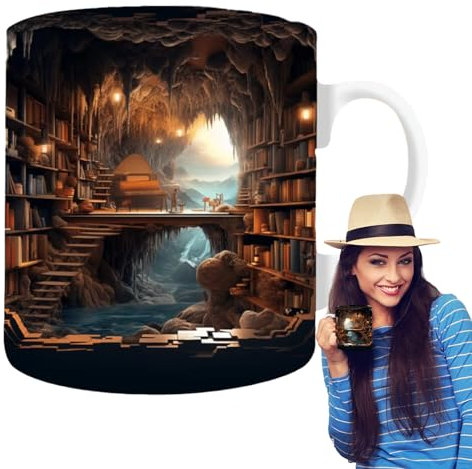 Eteslot Tasse - Bücherregal Becher - Bücherregal Tasse - Bücherwurm Geschenk - Ausgefallene Tassen - Bücherregal Bibliothek Tasse - Keramik Buchliebhaber-Kaffeetasse Mit -Effekt