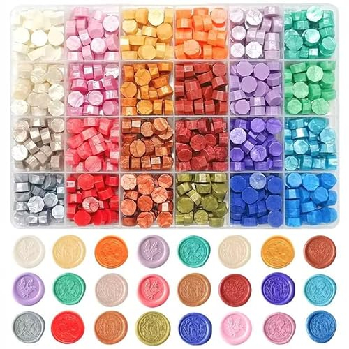 Wachs Achteckig Wachssiegel Set, 24 Farbe Siegelstempel 720 Stück siegelwachs Perlen, für Vintage Siegellack und Brief, Einladungen, Karten, Paket Geschenk Siegelwachs Set (Satz C)
