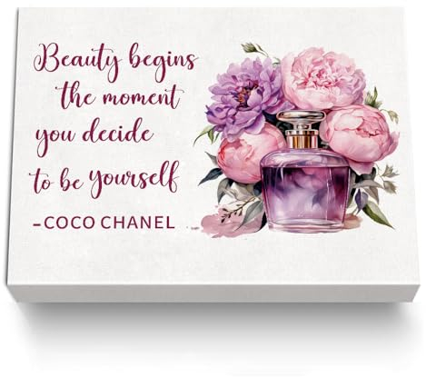 Coco Chanel Zitat auf Leinwand, Motiv: Beauty Begins The Moment, You Decide To Be Yourself, modisches Parfüm-Blumen-Dekor, Kunstwerk für Mädchen, Make-up-Raum, Schönheitssalon, 30,5 x 38,1 cm