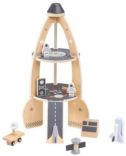 mamabrum Holz-Rakete Spielzeug Set mit Astronauten, Raumschiff & Weltraum-Zubehör - Pädagogisches Rollenspiel für Kinder ab 3 Jahren - Sicheres Holzspielzeug (8 Teile)