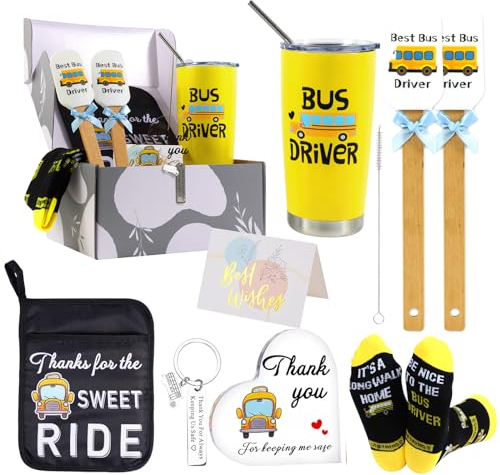 Kolewo4ever 9 Pieces School Bus Driver Appreciation Gifts 20oz Tumbler Cup Acrylic Heart Thank You Gifts Bus Driver Pot Holder Heat Resistant Oven Pads Silicone Spatula Rubber for Buses Driver